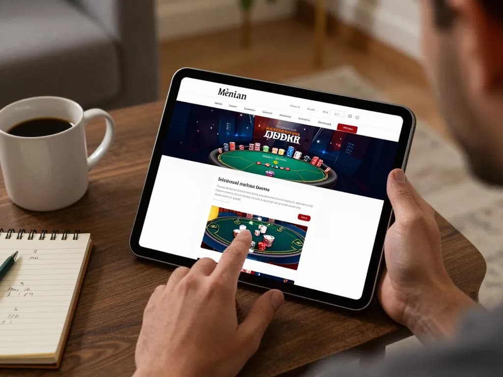 OKFUN user strategizing poker on a tablet in a cozy home setting, showcasing online gambling.