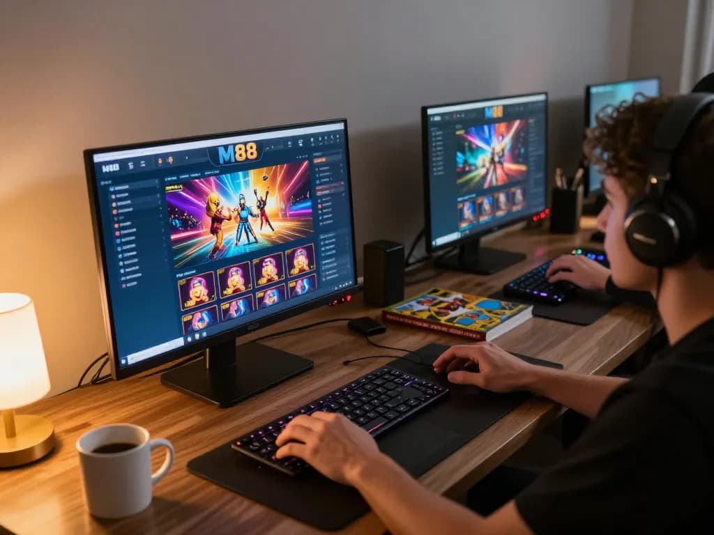 Engaged user playing online casino games on https://www.mnm88.com/ with a modern setup and warm lighting