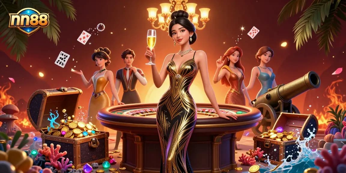 Win big at nn88, featuring an elegant woman at a lush online casino scene brimming with vibrant game elements.