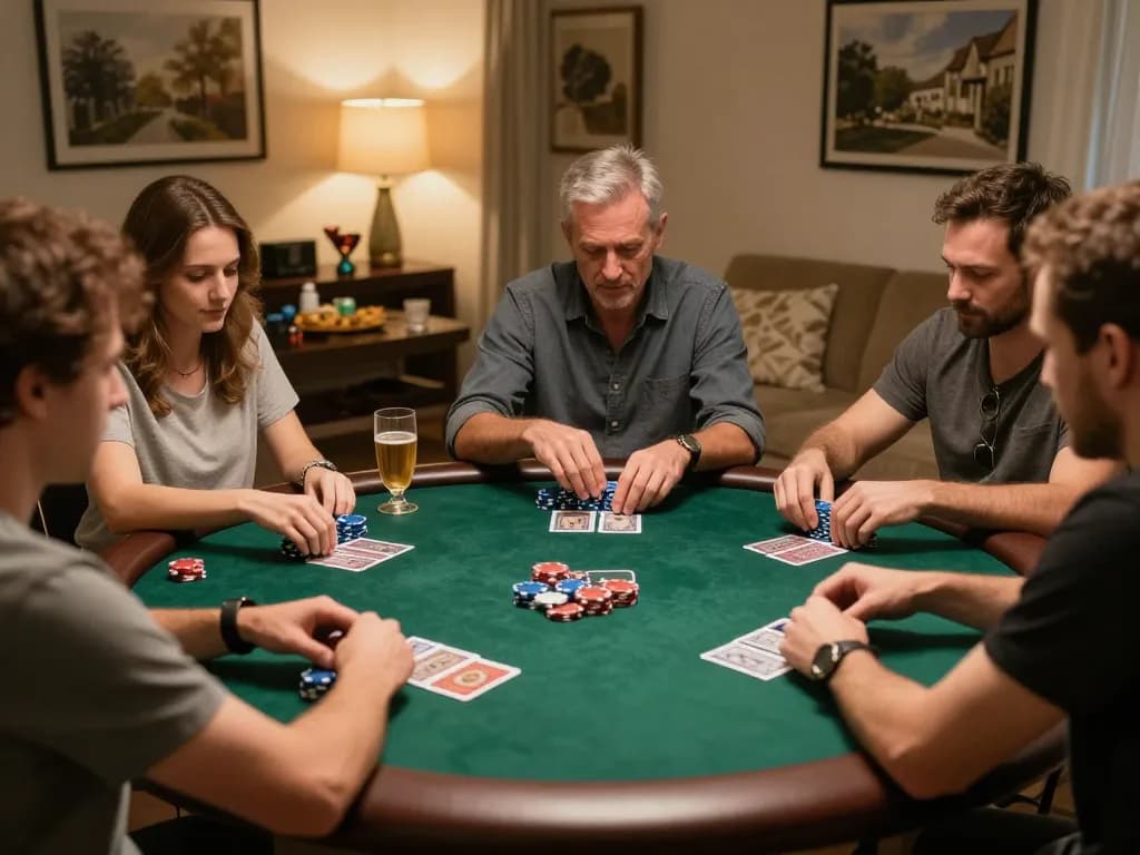 Friends strategizing at a home poker night with 78wingo atmosphere, showcasing card gameplay and chips.