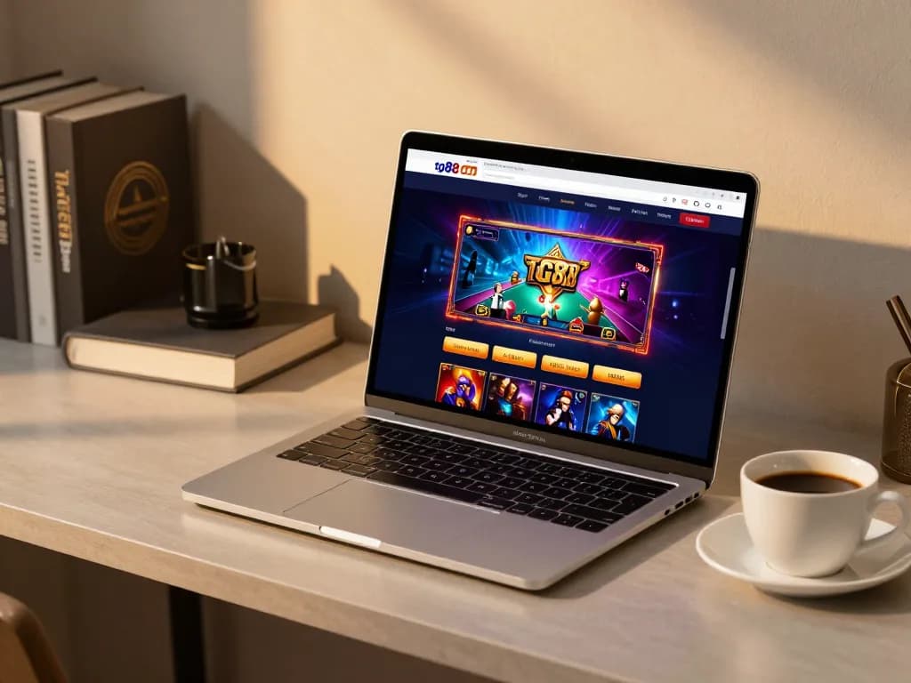 Engaging online casino gameplay on tg88 com with a vibrant laptop interface and strategic decor.