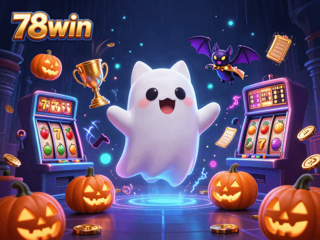 Engage with 78win's haunted casino world through a captivating illustration featuring vibrant ghostly elements.