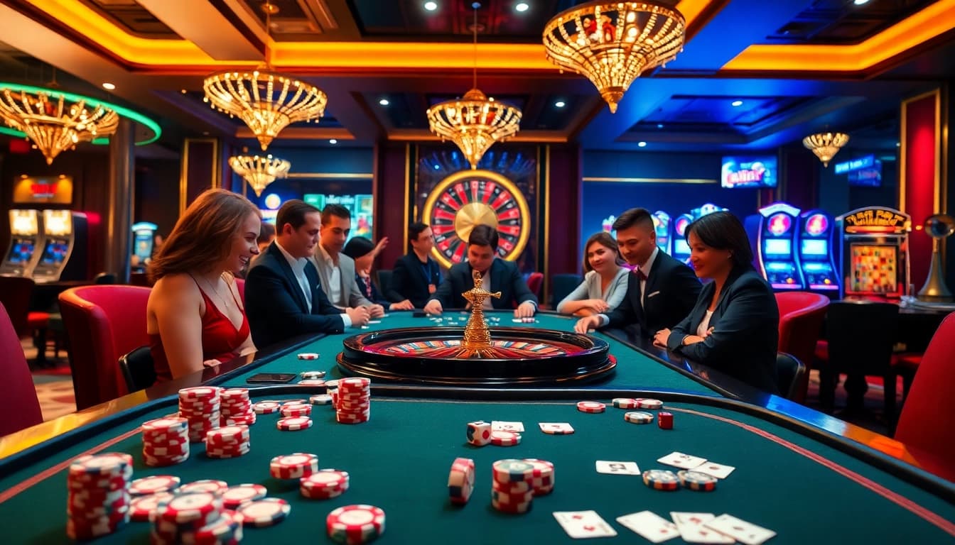 Action-packed poker game scene at https://lode88.coach/, showcasing vibrant chips and dice in a luxurious casino environment.