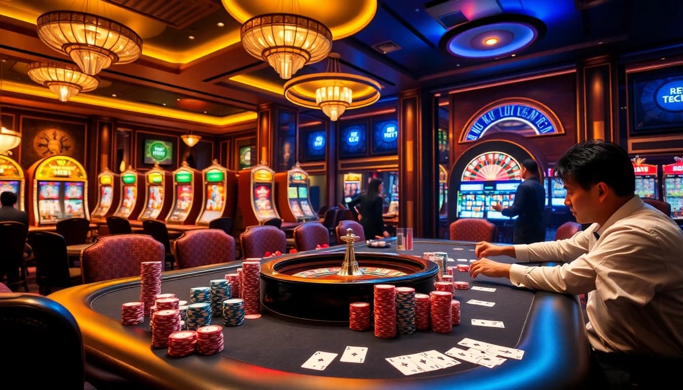 Experience the excitement of ĐĂNG KÝ LUCK8 at a luxurious casino table filled with poker chips and cards.