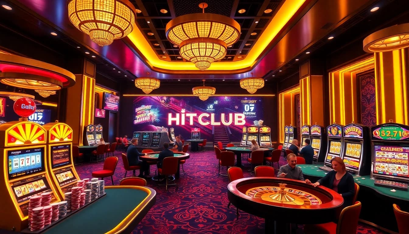 Experience the thrill of Cổng game HITCLUB with vibrant casino visuals depicting exciting gaming action.