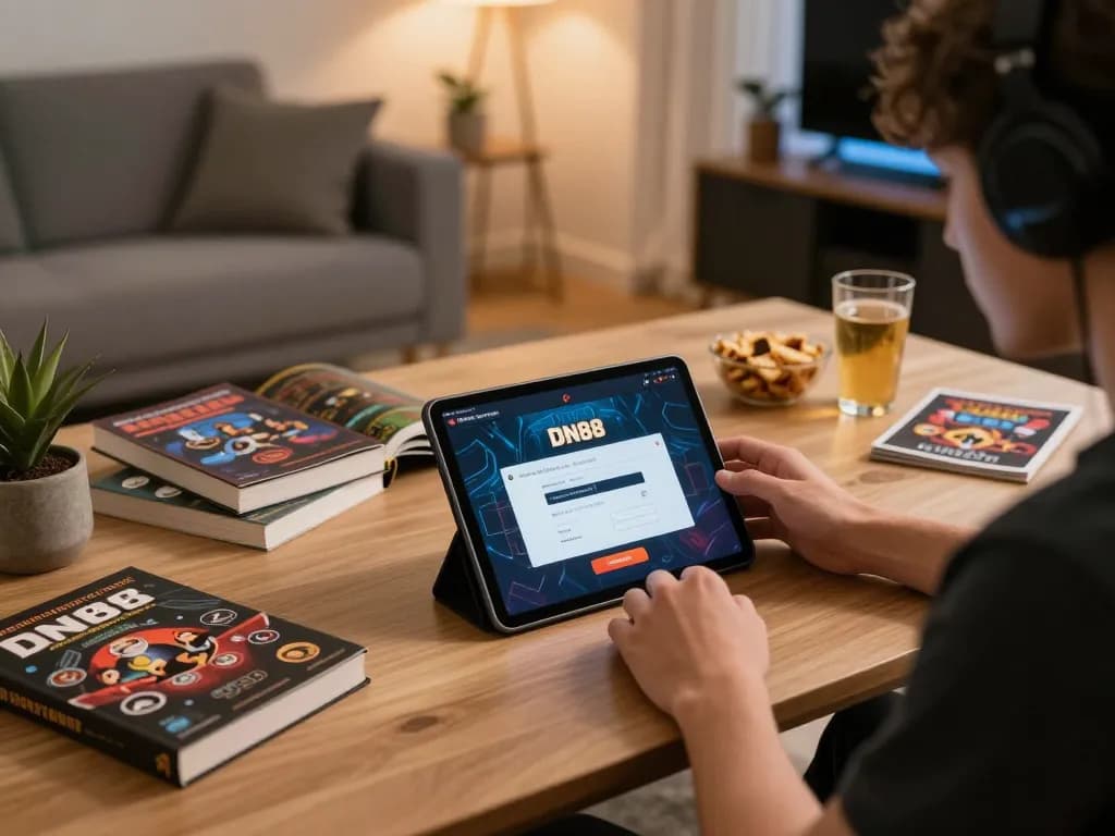 Engaging in online gaming by logging into DN88, showcasing a cozy and strategic home environment.