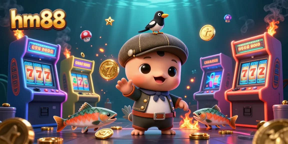 Engage with the vibrant gaming scene at hm88, featuring colorful characters and exciting slot reels.