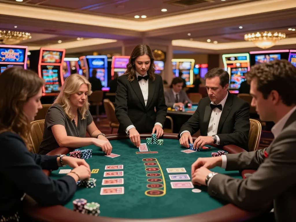 Players strategizing at a blackjack table in FC88 casino, showcasing focus and excitement.