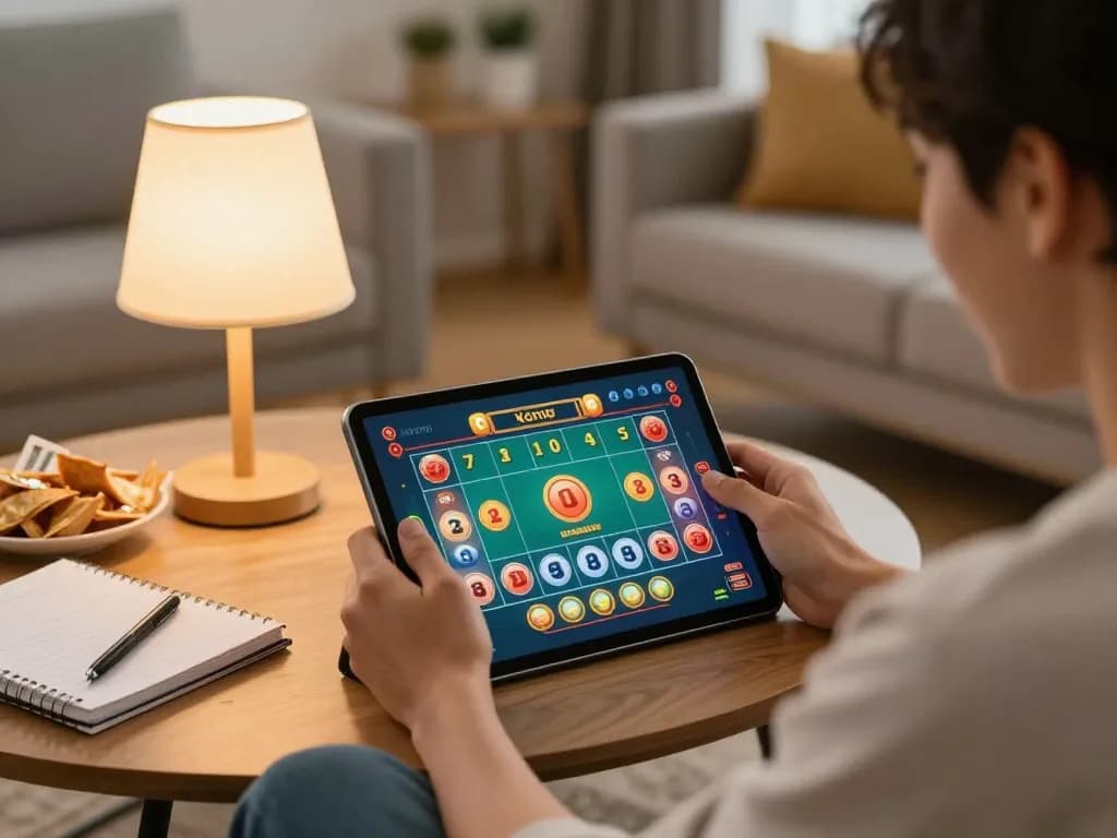 xóc đĩa online gameplay on a tablet in a cozy home setting with strategy notes nearby.