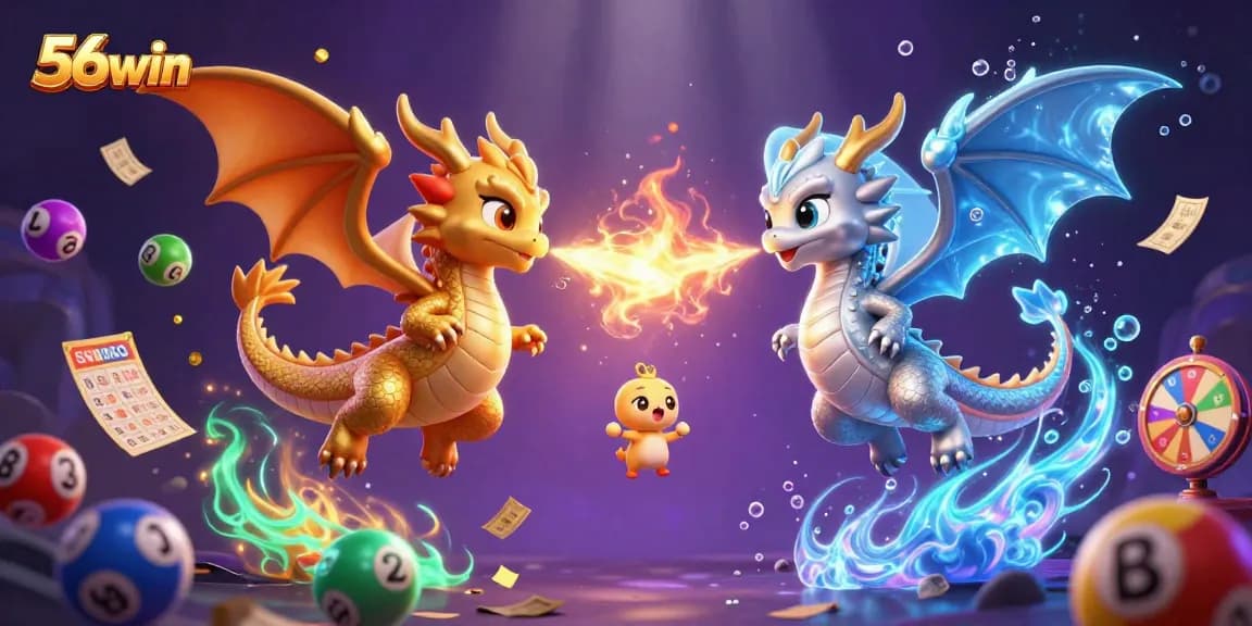 Experience the thrill of 56win with colorful lottery balls and dragons in a magical casino illustration.
