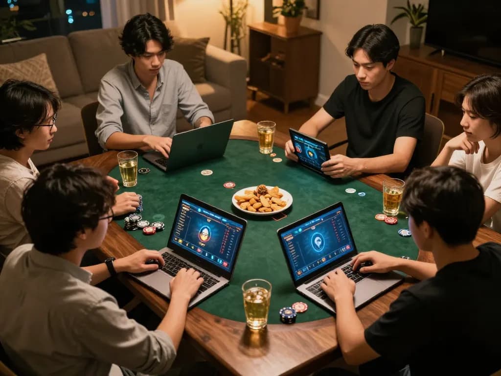 Players enjoying a strategic poker game on 33win from home, showcasing engagement and social interaction.