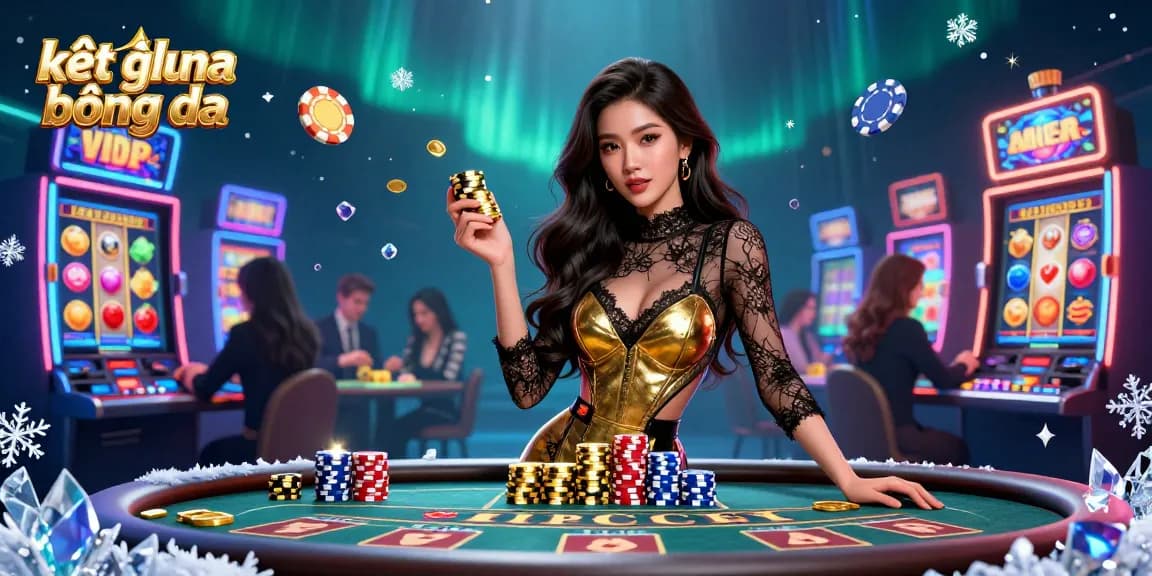 Track kết quả bóng đá with a glamorous woman at a VIP baccarat table surrounded by casino excitement.