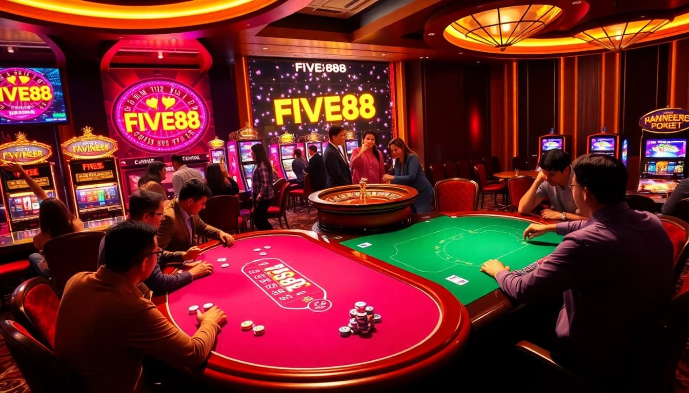 Players enjoying intense poker action at a FIVE88 casino table, highlighting excitement and strategy.