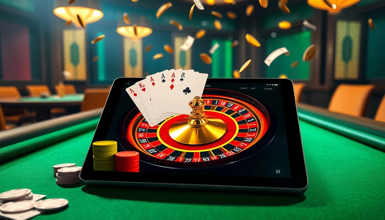 Enjoying a thrilling online gaming experience at https://thabet.baby/ with vibrant poker tables and roulette wheel.
