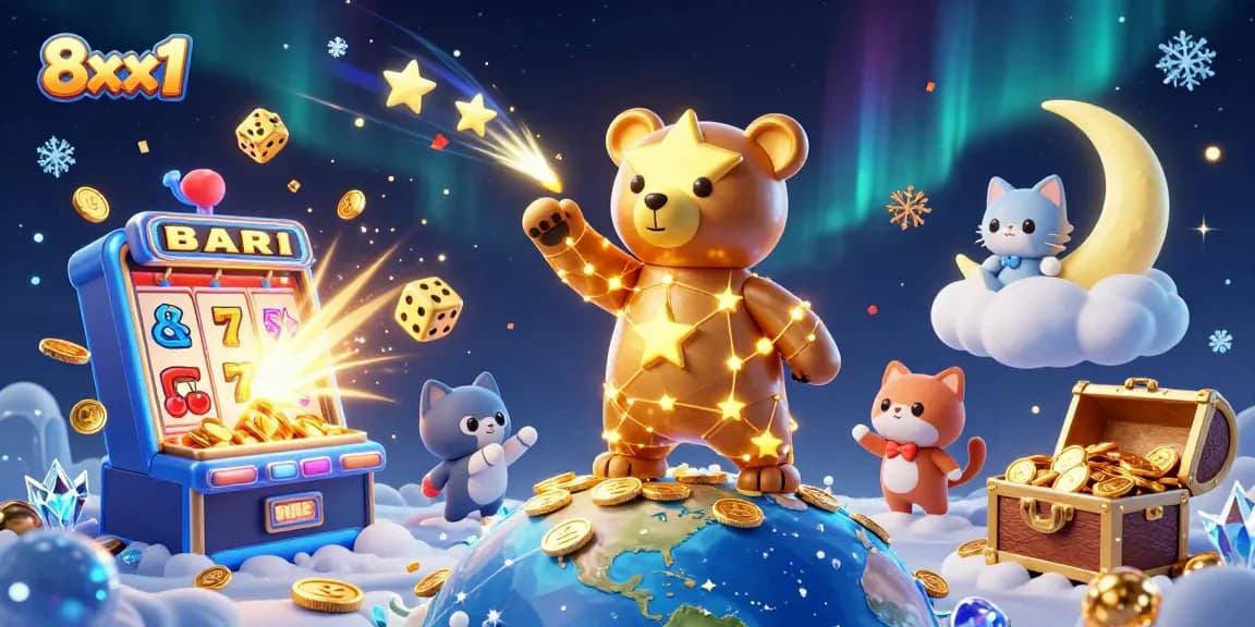 Experience the thrilling world of 8xx1 as the constellation bear scoops coins from Earth amidst a vibrant casino environment.