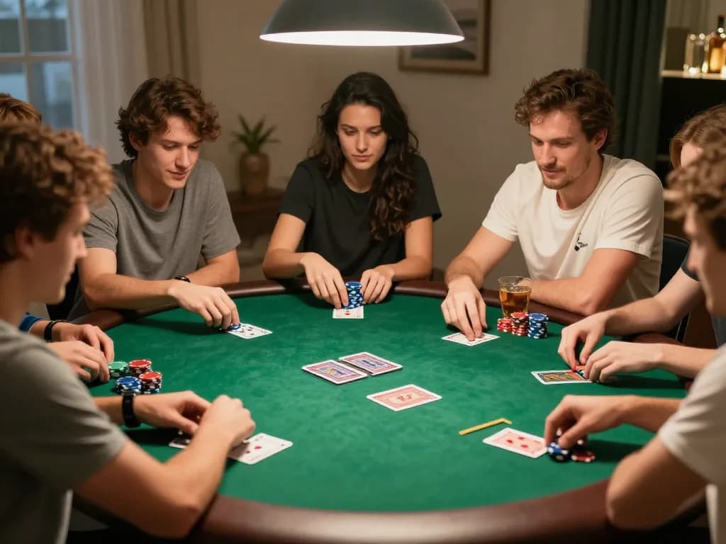 Engaging scene of friends at home playing poker for daftar idn poker, showcasing vibrant chips and cards during gameplay