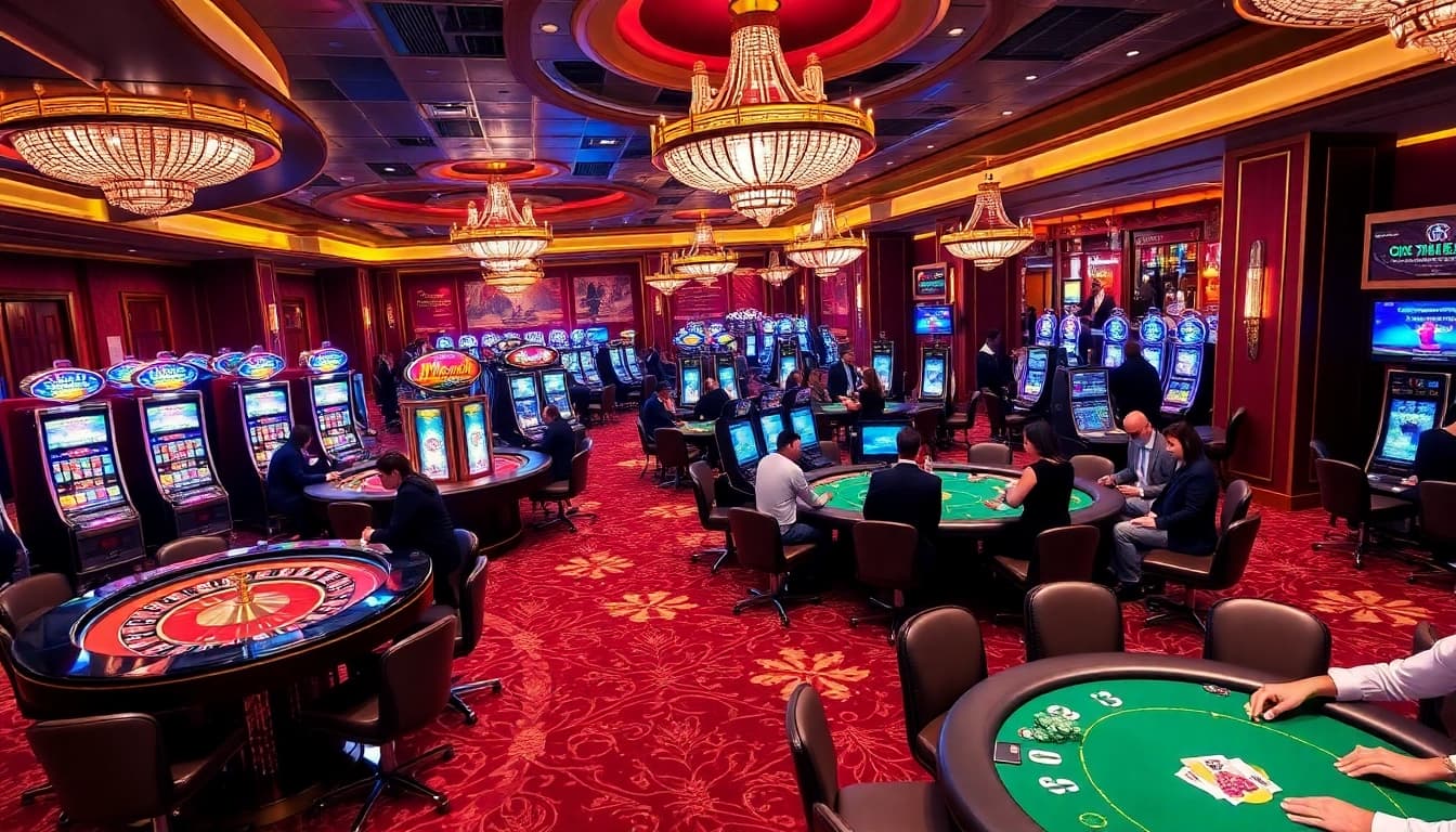 KJC casino scene showcasing players enjoying high-stakes poker and vibrant slot machines.