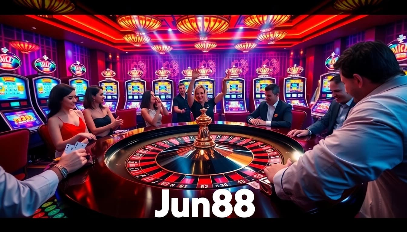 Players enjoying the excitement of Jun88 at a vibrant casino tables with roulette and poker chips.