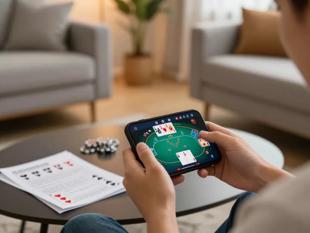 Engaging in mobile poker gaming on 888bgo smartphone, with strategy notes and cozy setting.