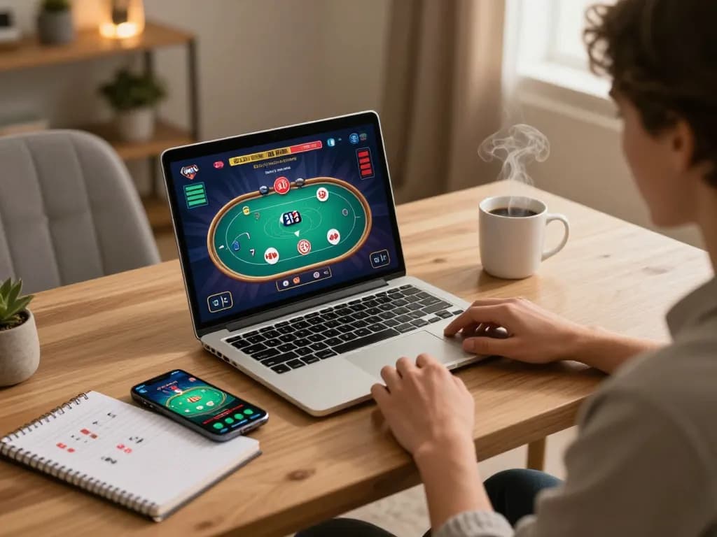 ee88 player enjoying a strategic poker game on a laptop in a cozy home office environment.