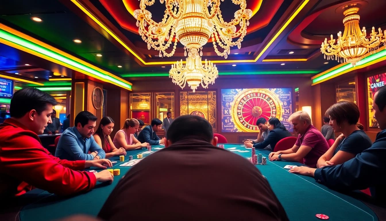 Experience the thrilling atmosphere of TR88 casino with vibrant casino tables and eager players.