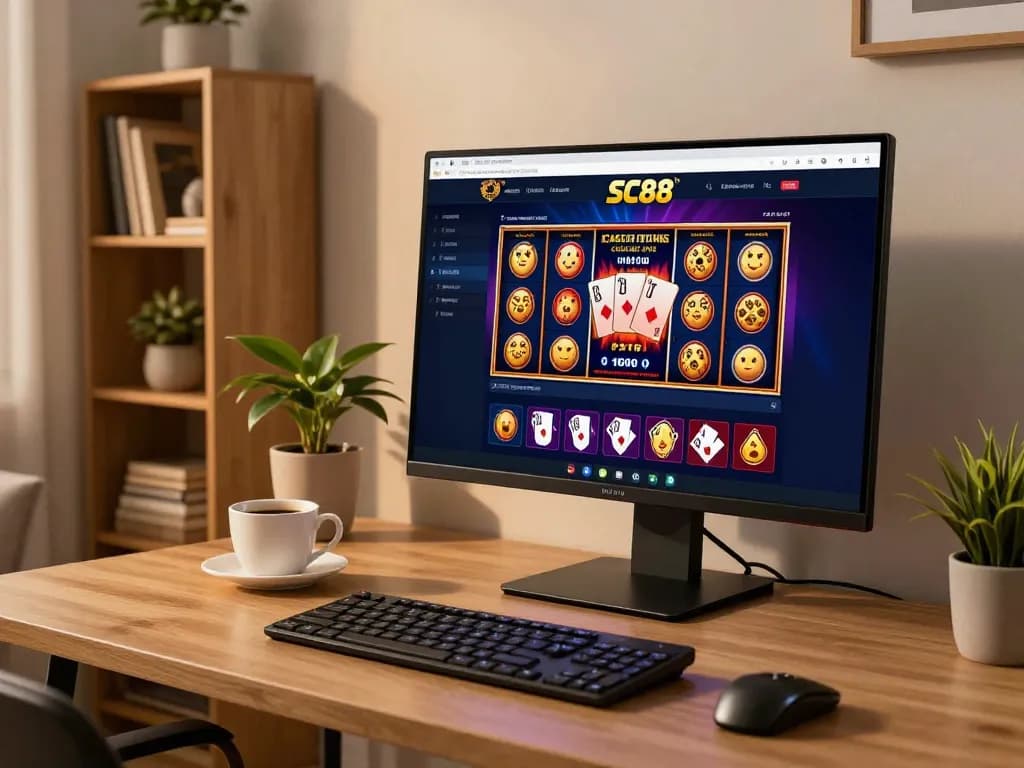 Player engaging with the SC88 online casino on a stylish desk, showcasing various gaming options in a cozy home setup.
