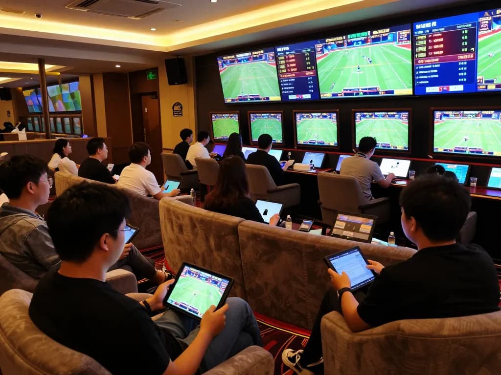 Experience the excitement of sports betting at Win88 with bettors analyzing live games and odds