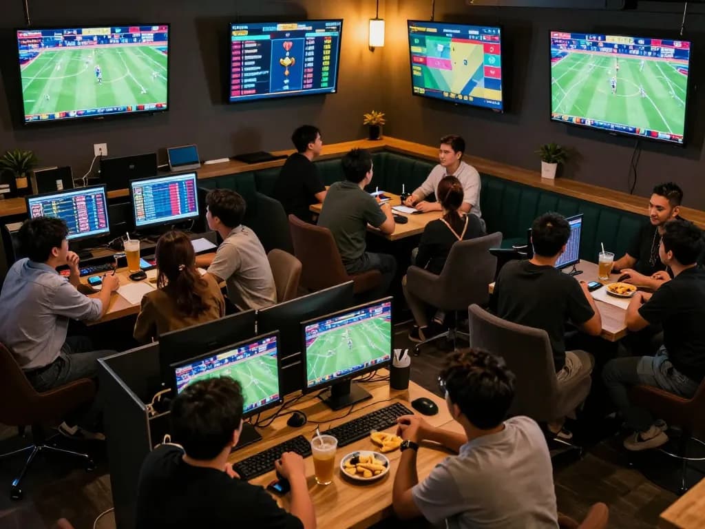 SIN88 sports betting enthusiasts celebrating a winning moment in a lively lounge atmosphere.