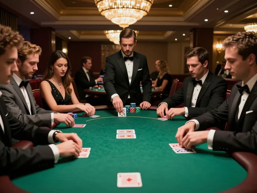 five88 poker game showcasing strategic player interactions in a luxurious casino setting.