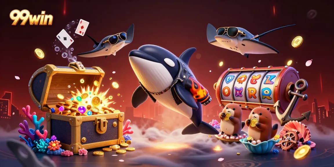 Engage with 99win in this lively underwater scene featuring characters enjoying slots and gold coin treasures.
