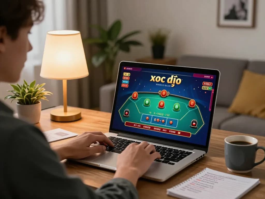 xocdiaonline player engaging in an online game, cozy home environment with laptop and betting notes.