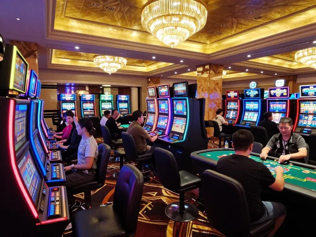 Players enjoying exciting slot games at 98win01 casino, celebrating wins amidst vibrant lights.