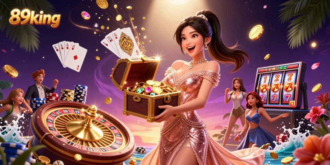 Experience the excitement of 89king with a treasure chest of riches, stunning visuals, and casino elements.