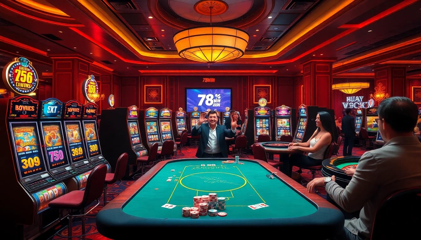 Celebrating a big win at 78WIN casino with vibrant slot machines and strategic poker tables.