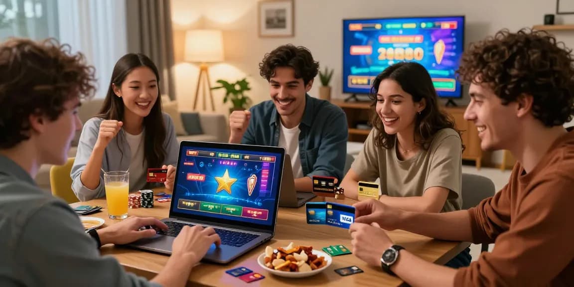 Friends enjoying online gambling at home, showcasing credit card options for deposits via https://asfb.org.uk in a lively setting.