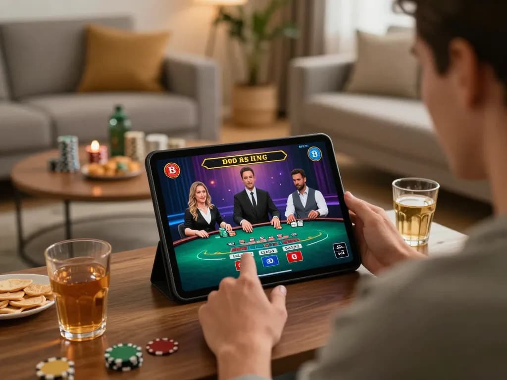 SC88 player engaging in a live blackjack game on a tablet during a cozy home session.