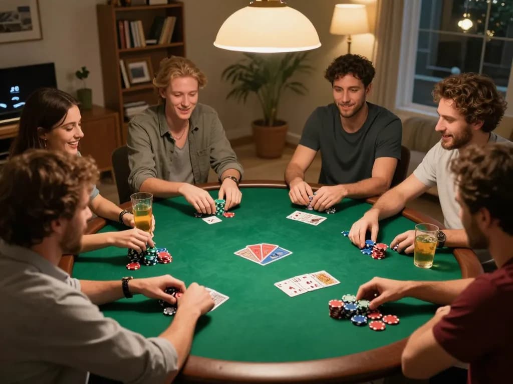 Experience winning strategies at a friendly home poker game featuring poker chips and cards.