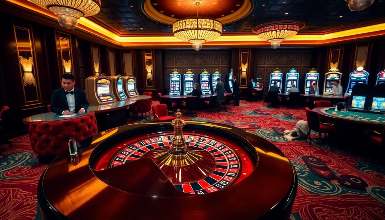 Experience the thrill of 888VND VIP gaming in this luxurious casino scene with roulette and poker activities.