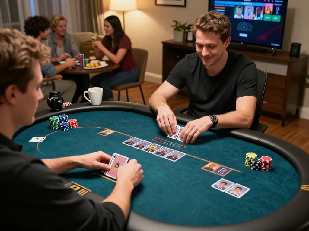 Engaging gameplay on website vb88 during a lively online poker session at home, showcasing strategy and social interaction.