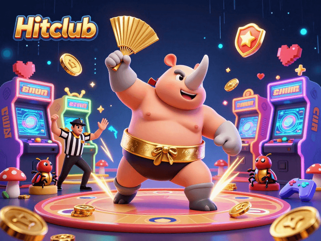 Engage with Hitclub's thrilling universe as a beetle champion stomps coins in a vibrant casino.