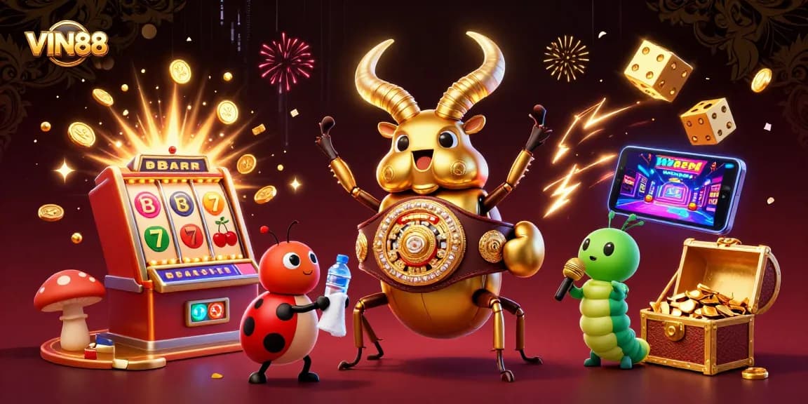 Experience the excitement of VIN88 with a dynamic 3D casino illustration featuring vibrant game elements and characters.