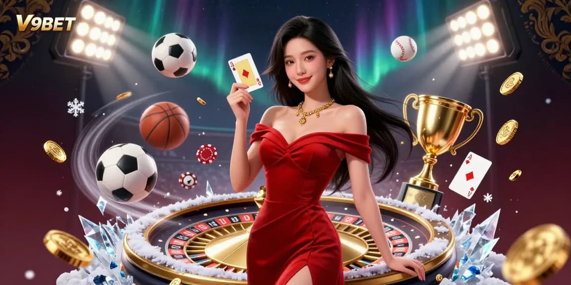 Experience V9BET excitement with a stunning Asian woman in a red gown at a dazzling casino!