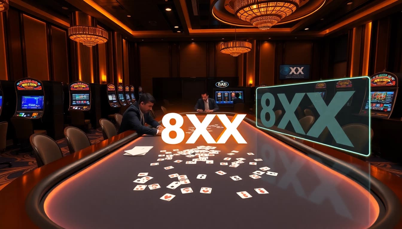 Gameplay excitement at a casino featuring link 8XX with vibrant slot machines and poker tables.