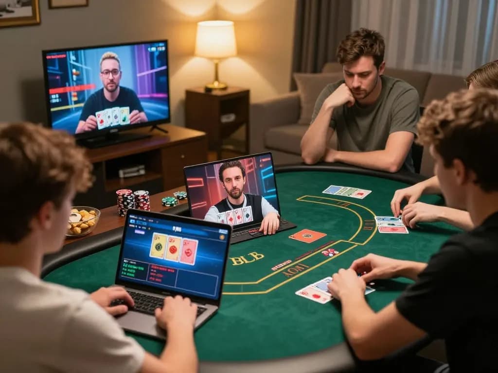Players engaging in an online poker game with man88ink showcasing strategic betting on their screens