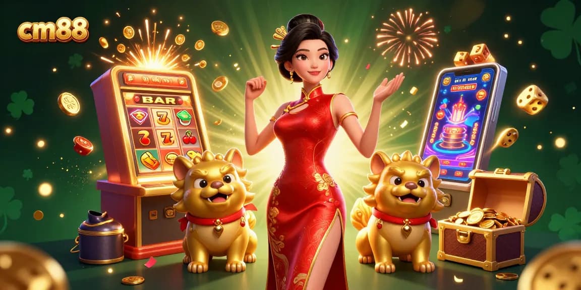 Experience thrilling gameplay with cm88, featuring a glamorous Asian woman and golden foo dog guardians amidst jackpot excitement and casino charm.