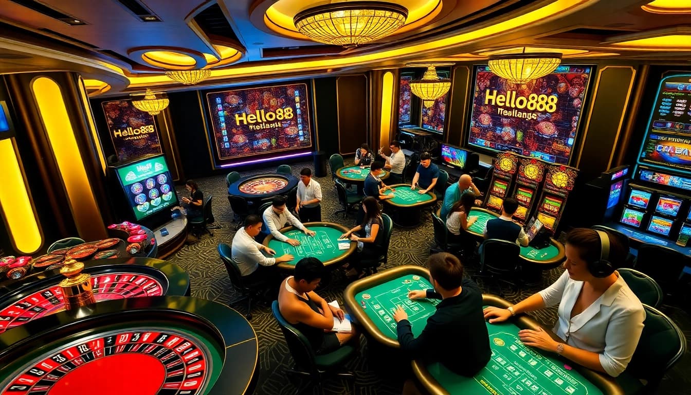 Players enjoy a thrilling game at Hello88's vibrant casino with roulette and slot machines.