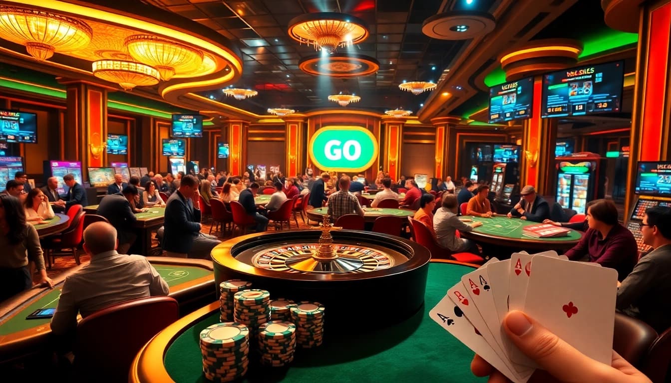 Experience high-stakes excitement at GO 8 casino tables with poker chips and roulette wheels.