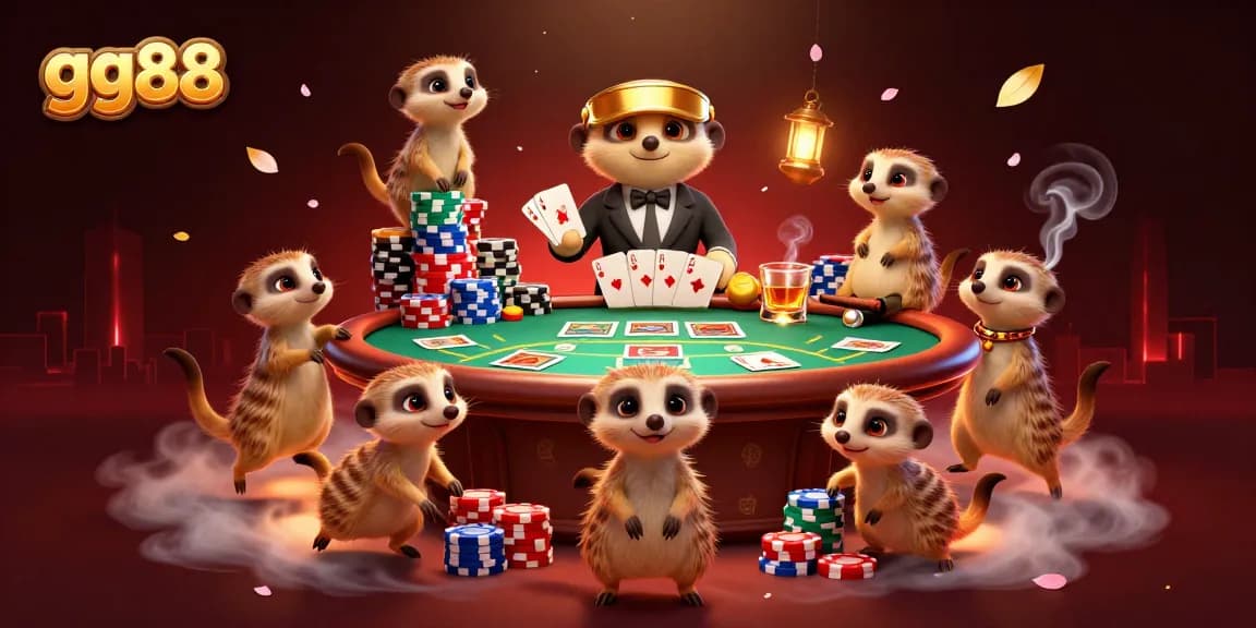 Experience the thrilling action of gg88 casinos with meerkats managing a vibrant gaming scene filled with poker chips.