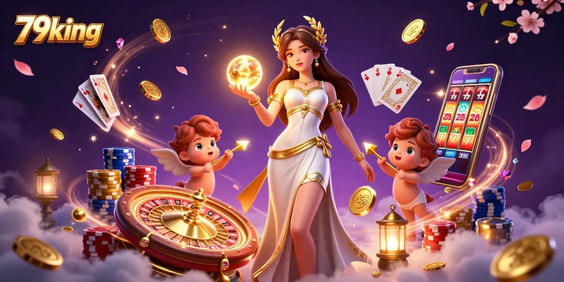 Experience winning moments at 79king casino with captivating 3D illustration of a goddess and cherubs.