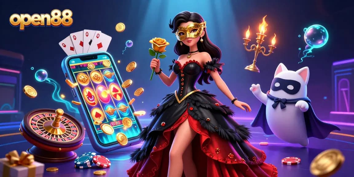 Open88 offers thrilling gaming adventures with a striking 3D illustration featuring exciting casino elements.